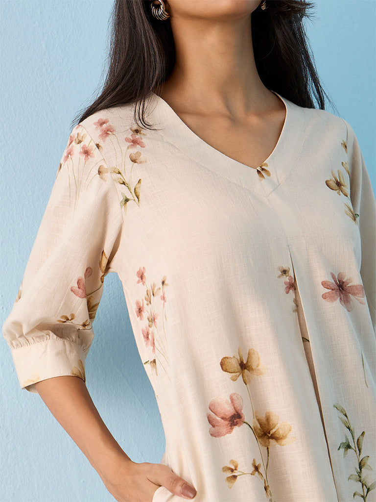 Utsa Taupe Floral Printed Cotton A-line Kurta