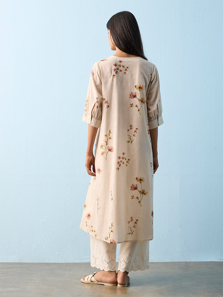 Utsa Taupe Floral Printed Cotton A-line Kurta