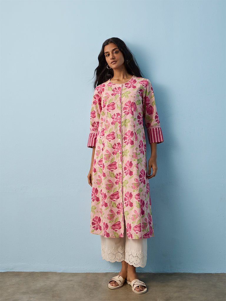 Utsa Pink Floral Printed Cotton-Blend Straight Kurta