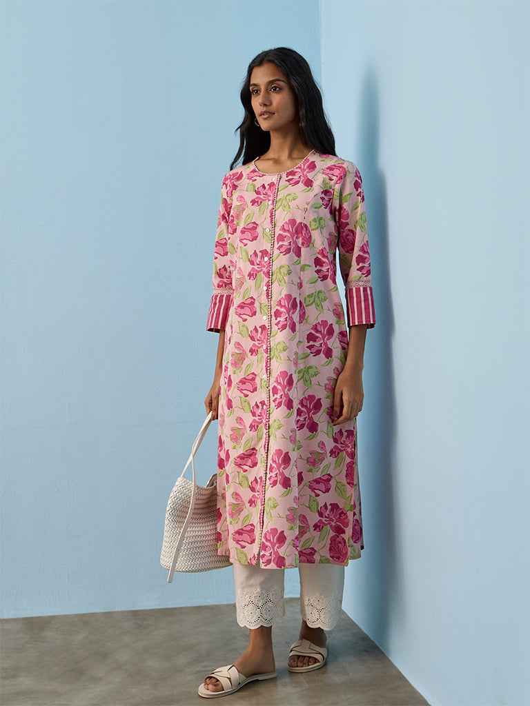 Utsa Pink Floral Printed Cotton-Blend Straight Kurta