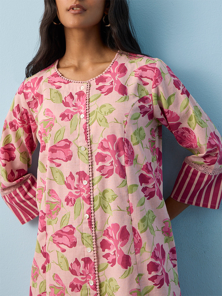 Utsa Pink Floral Printed Cotton-Blend Straight Kurta