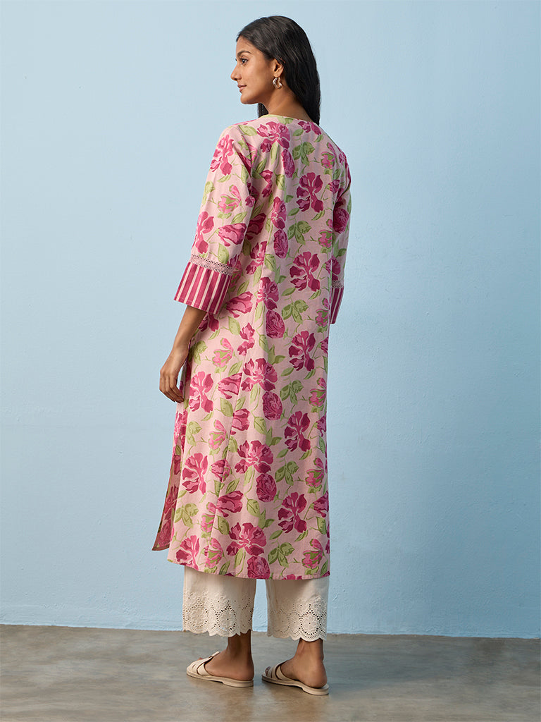Utsa Pink Floral Printed Cotton-Blend Straight Kurta