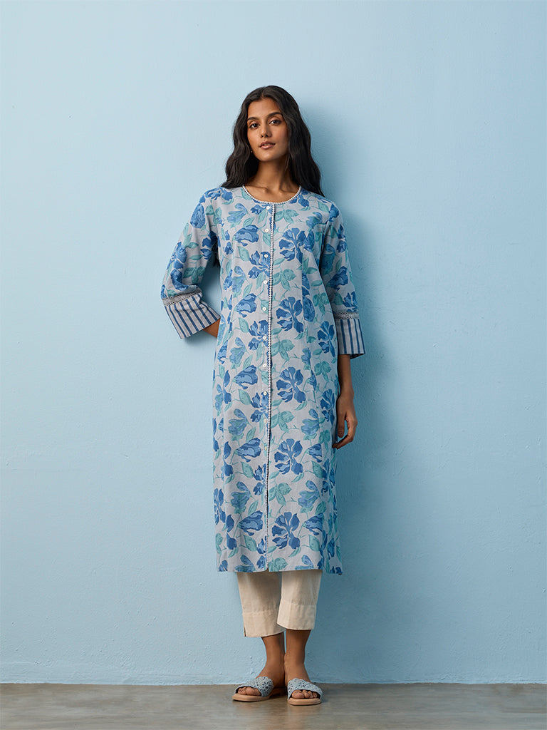 Utsa Blue Floral Printed Cotton-Blend Straight Kurta