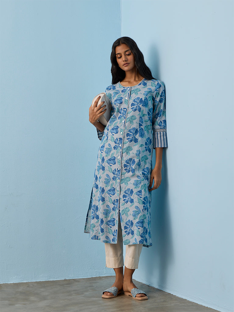 Utsa Blue Floral Printed Cotton-Blend Straight Kurta