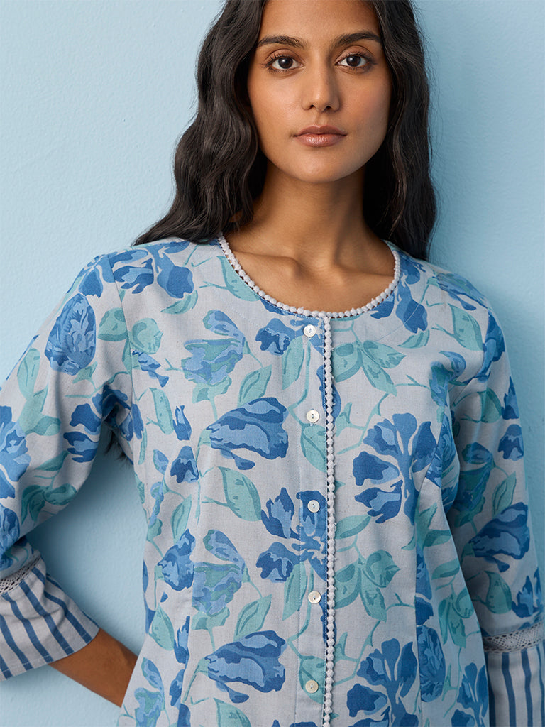 Utsa Blue Floral Printed Cotton-Blend Straight Kurta