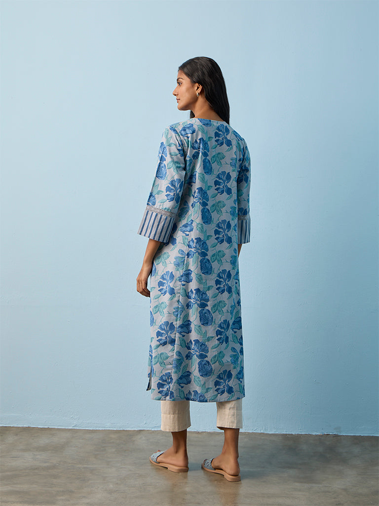 Utsa Blue Floral Printed Cotton-Blend Straight Kurta