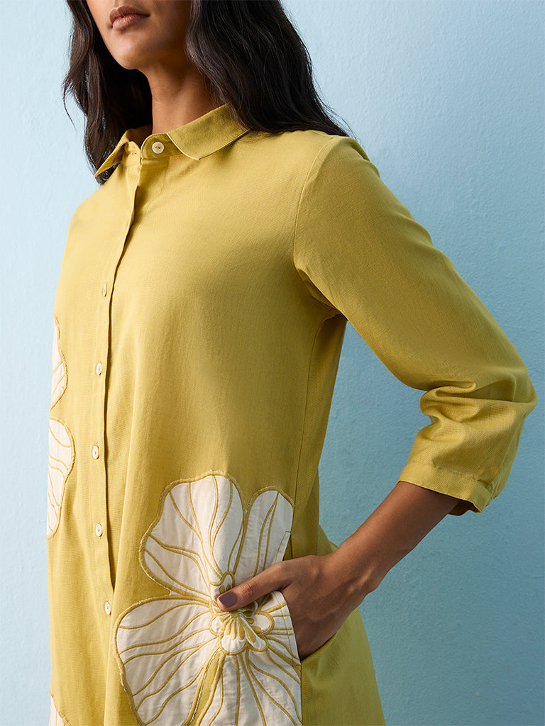 Utsa Lime Floral Embroidered Cotton-Blend A-line Kurta