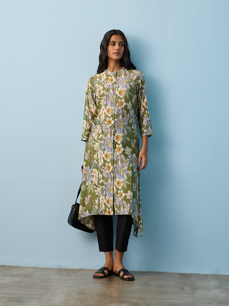 Utsa Green Floral Printed A-Line Kurta