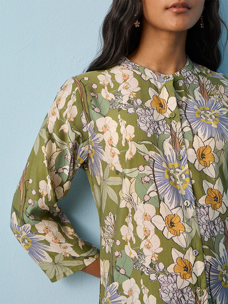 Utsa Green Floral Printed A-Line Kurta