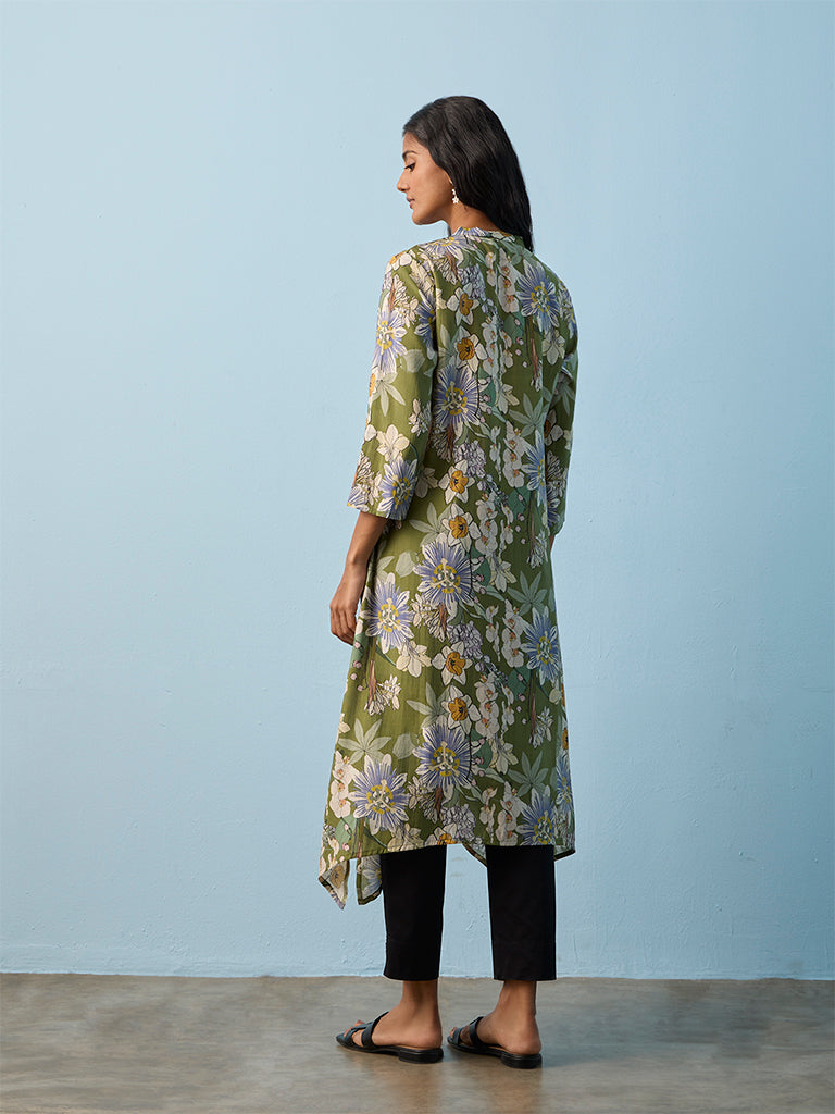 Utsa Green Floral Printed A-Line Kurta