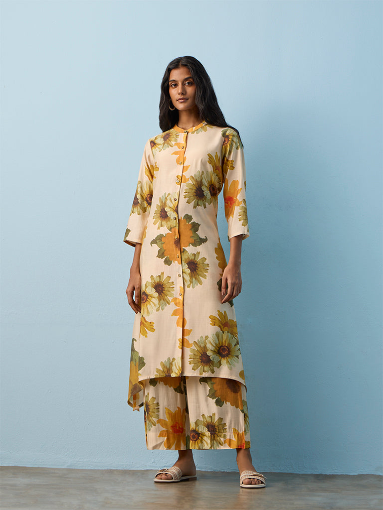 Utsa Beige Floral Printed A-Line Kurta