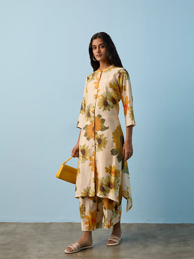 Utsa Beige Floral Printed A-Line Kurta