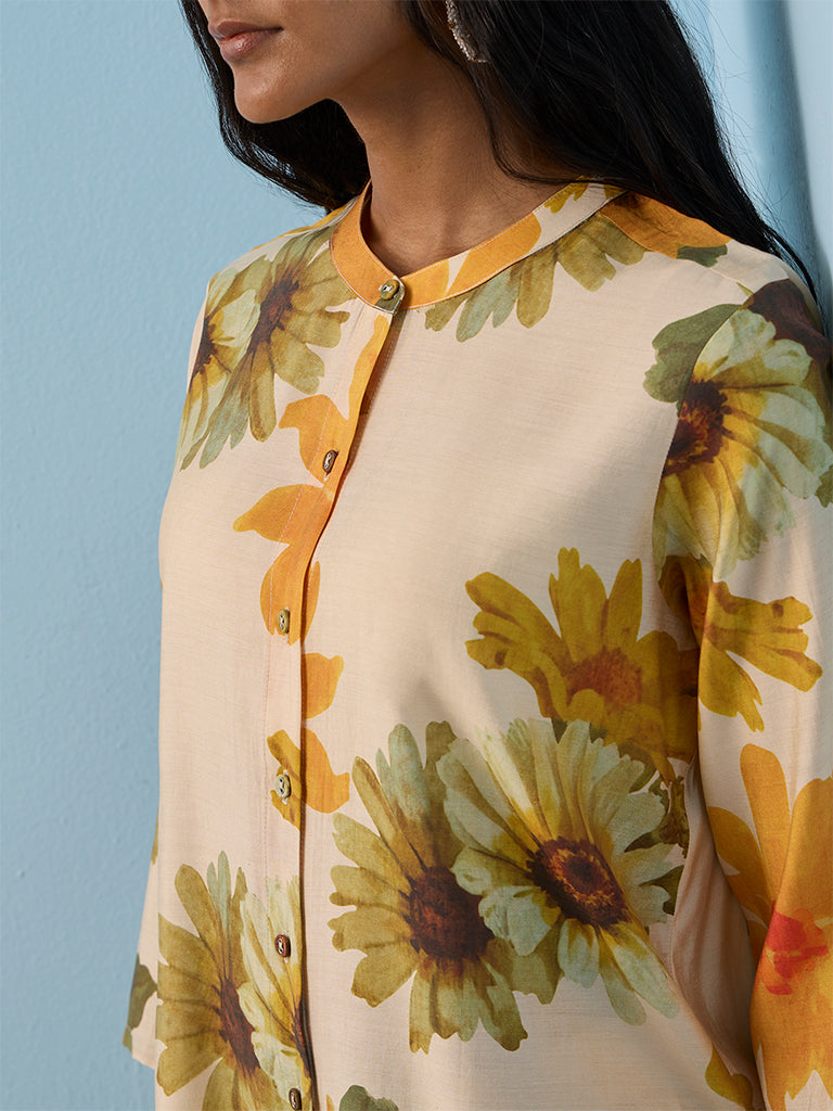 Utsa Beige Floral Printed A-Line Kurta