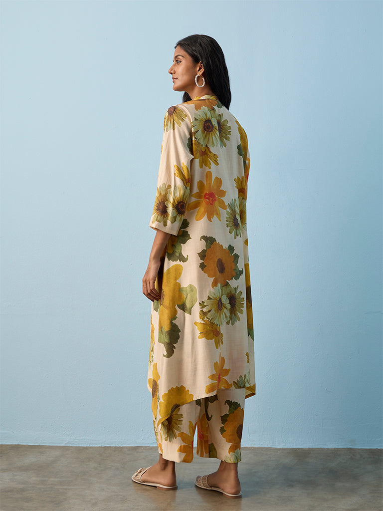 Utsa Beige Floral Printed A-Line Kurta