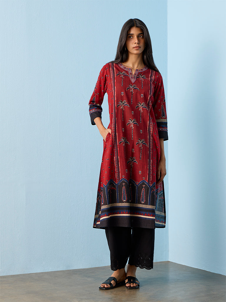 Utsa Red Botanical Printed Cotton A-Line Kurta
