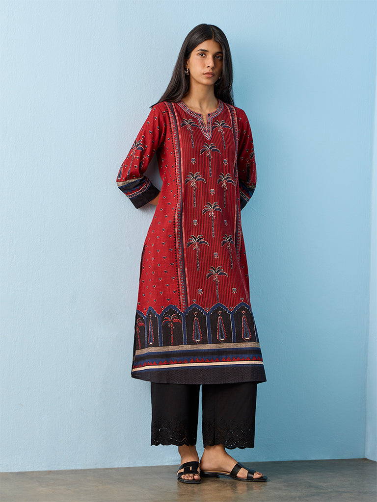 Utsa Red Botanical Printed Cotton A-Line Kurta