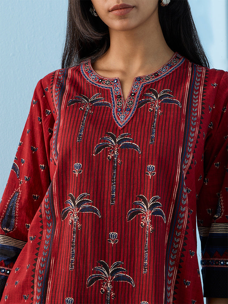 Utsa Red Botanical Printed Cotton A-Line Kurta