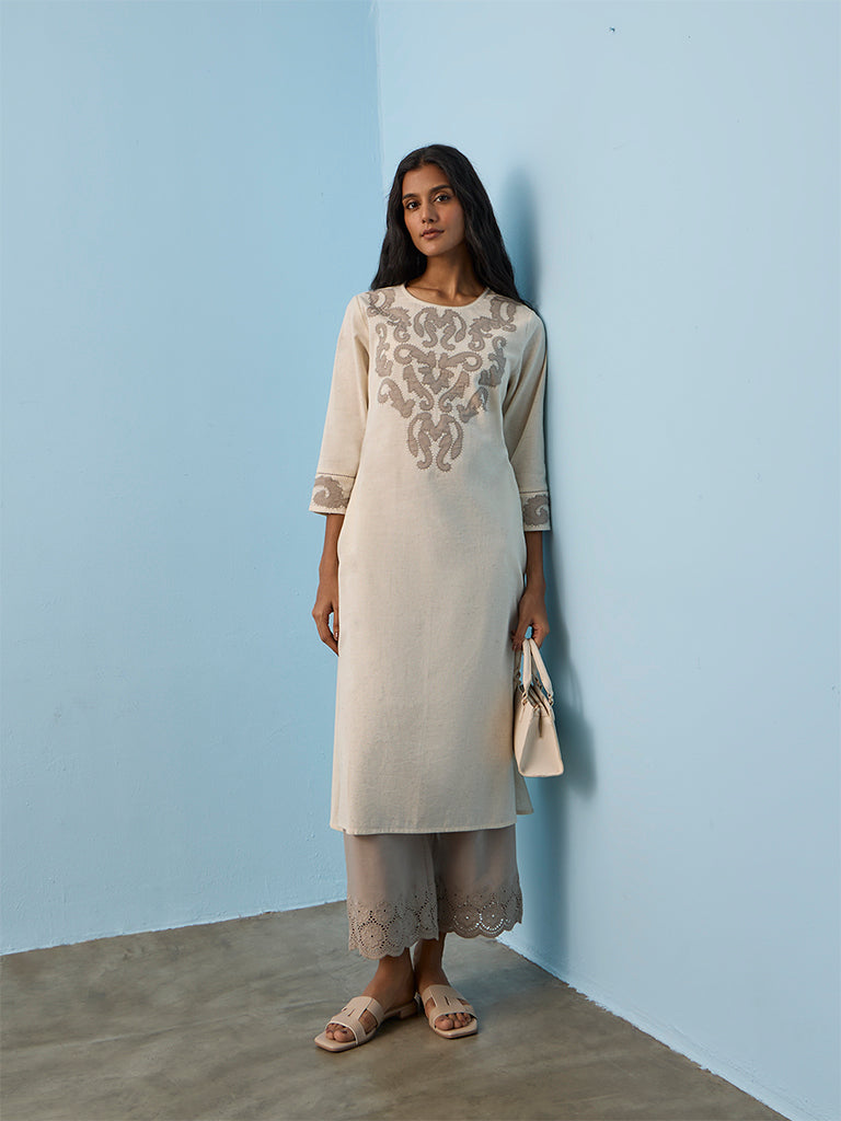 Utsa Beige Embroidered Cotton-Blend A-Line Kurta