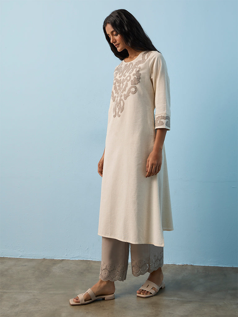 Utsa Beige Embroidered Cotton-Blend A-Line Kurta