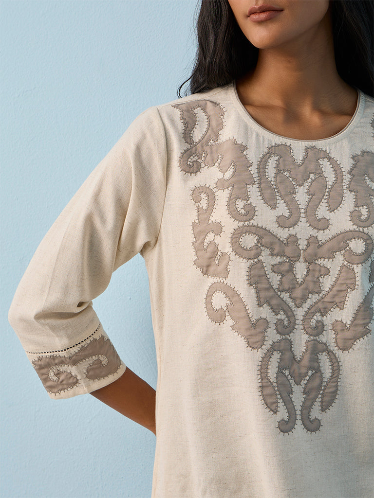 Utsa Beige Embroidered Cotton-Blend A-Line Kurta