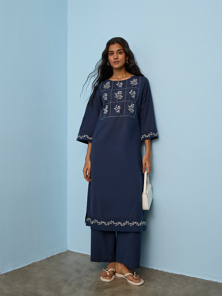 Utsa Indigo Floral Printed Cotton-Blend A-Line Kurta