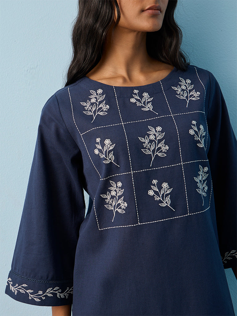 Utsa Indigo Floral Printed Cotton-Blend A-Line Kurta