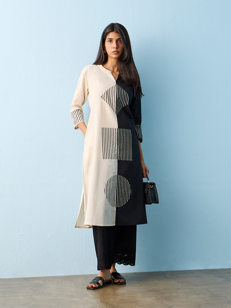Utsa Black and Off-White Color-Block Cotton-Blend A-Line Kurta
