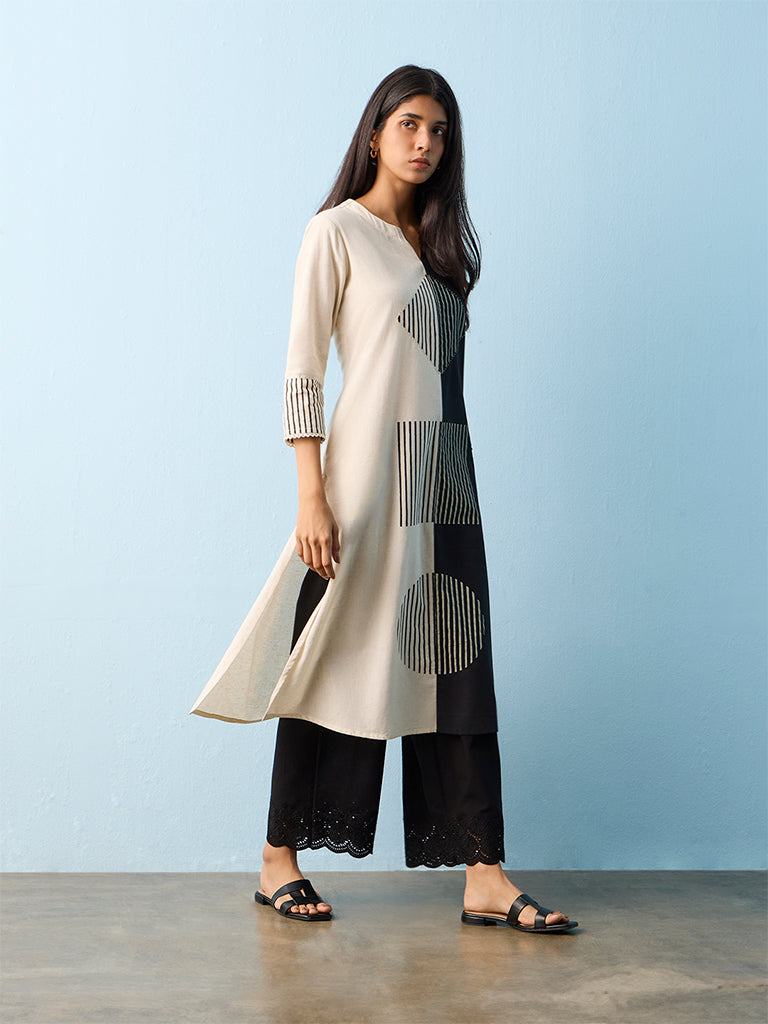 Utsa Black and Off-White Color-Block Cotton-Blend A-Line Kurta