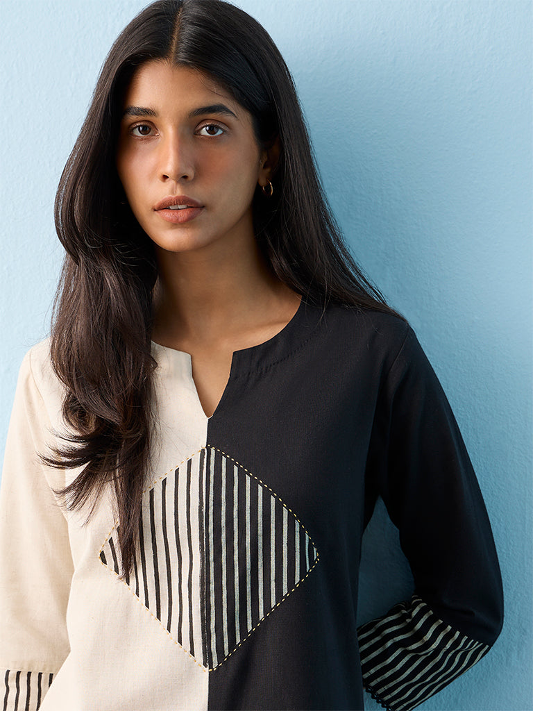 Utsa Black and Off-White Color-Block Cotton-Blend A-Line Kurta