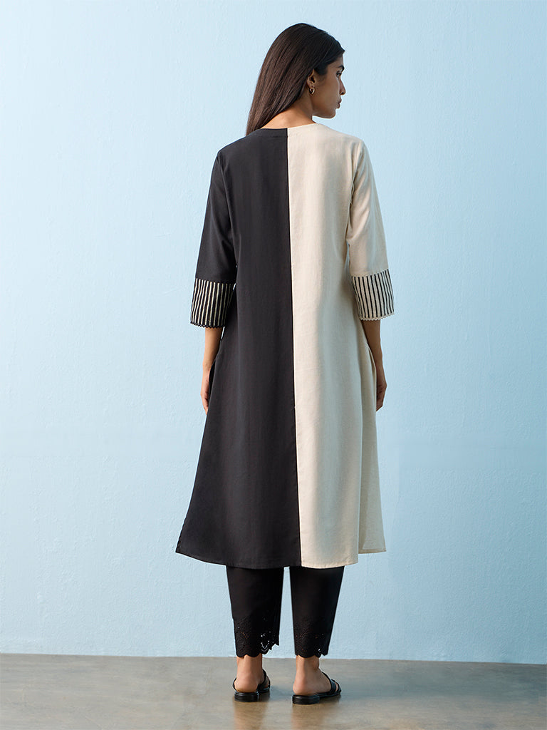 Utsa Black and Off-White Color-Block Cotton-Blend A-Line Kurta