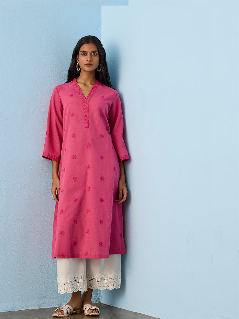 Utsa Fuchsia Floral Embroidered Cotton-Blend A-Line Kurta