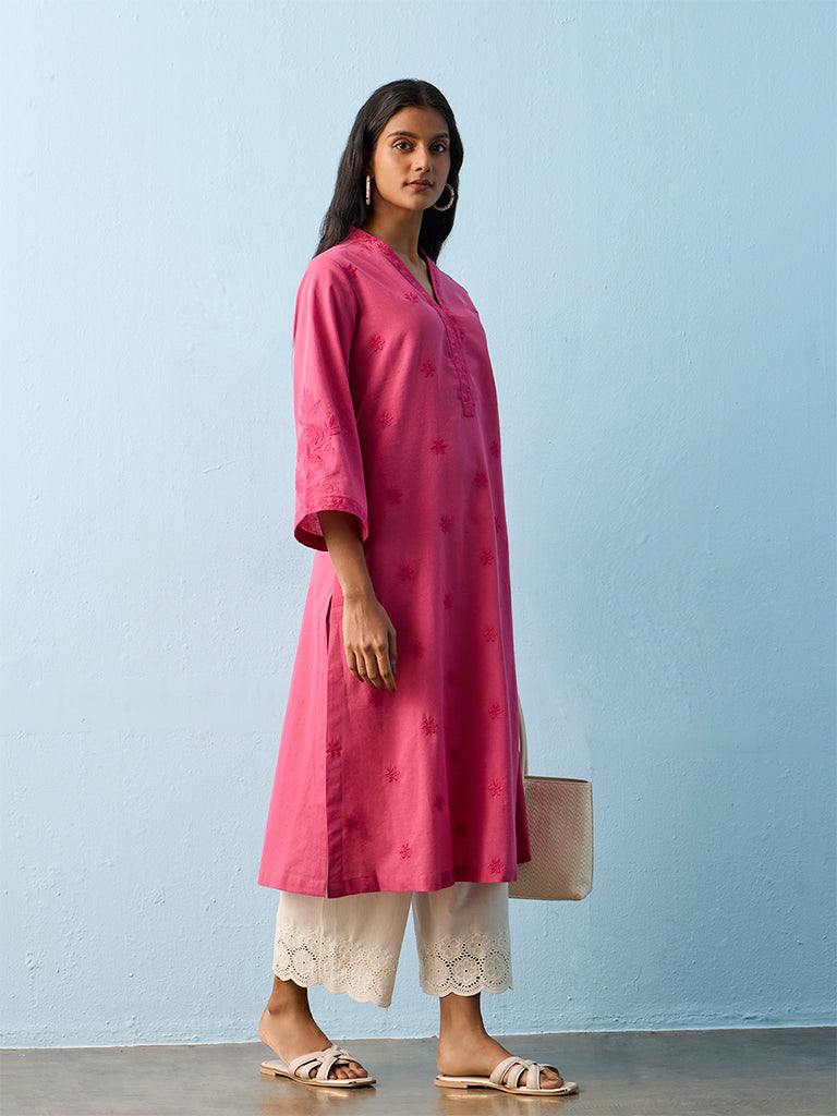 Utsa Fuchsia Floral Embroidered Cotton-Blend A-Line Kurta
