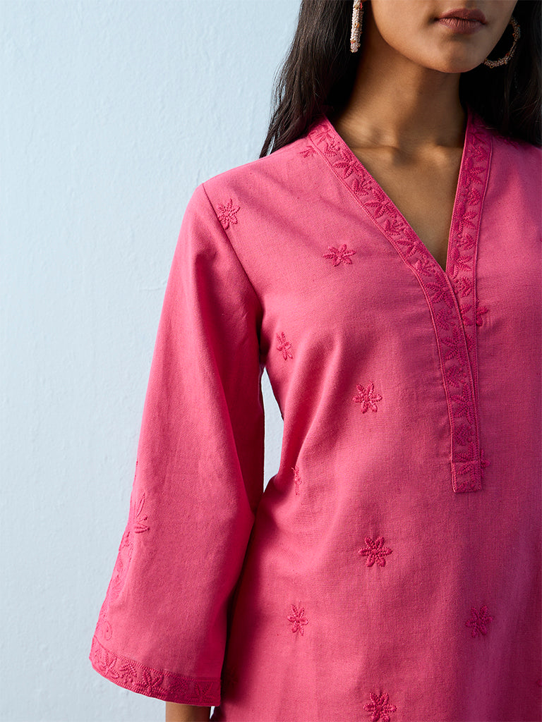 Utsa Fuchsia Floral Embroidered Cotton-Blend A-Line Kurta