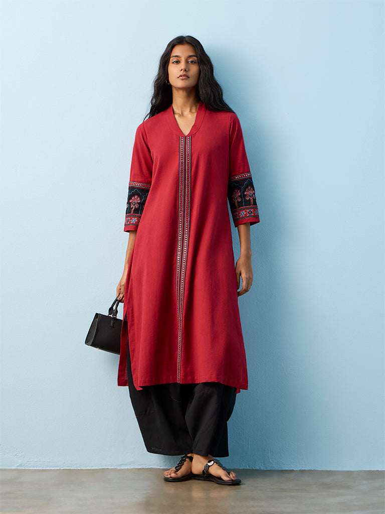 Utsa Red Embroidered Cotton-Blend A-Line Kurta