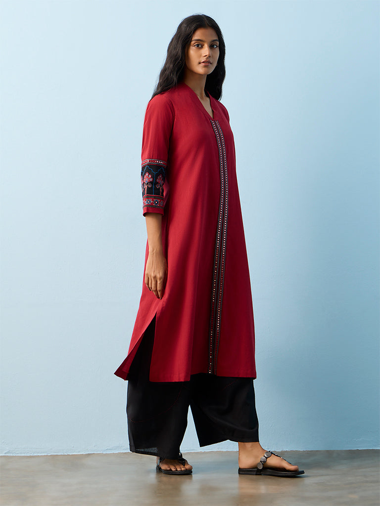 Utsa Red Embroidered Cotton-Blend A-Line Kurta