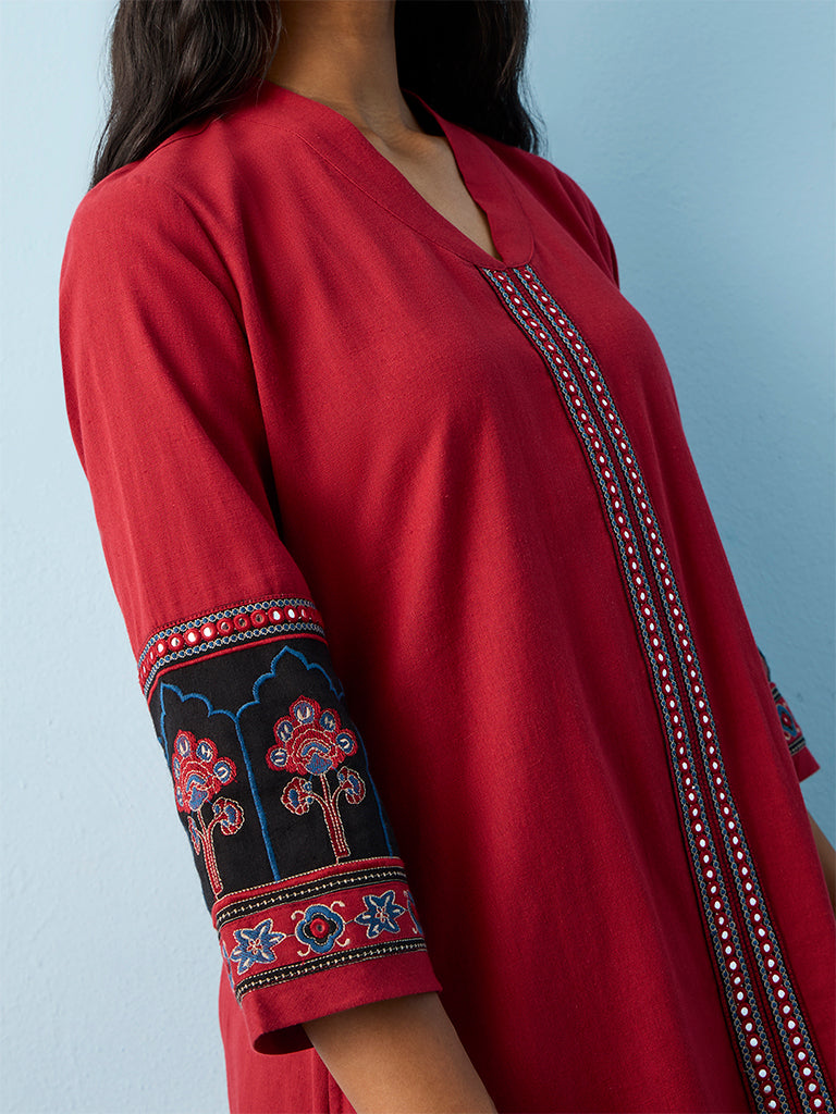 Utsa Red Embroidered Cotton-Blend A-Line Kurta