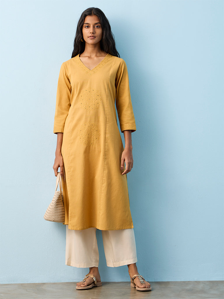 Utsa Mustard Floral Embroidered Cotton-Blend A-Line Kurta