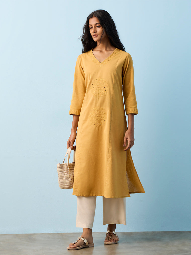 Utsa Mustard Floral Embroidered Cotton-Blend A-Line Kurta