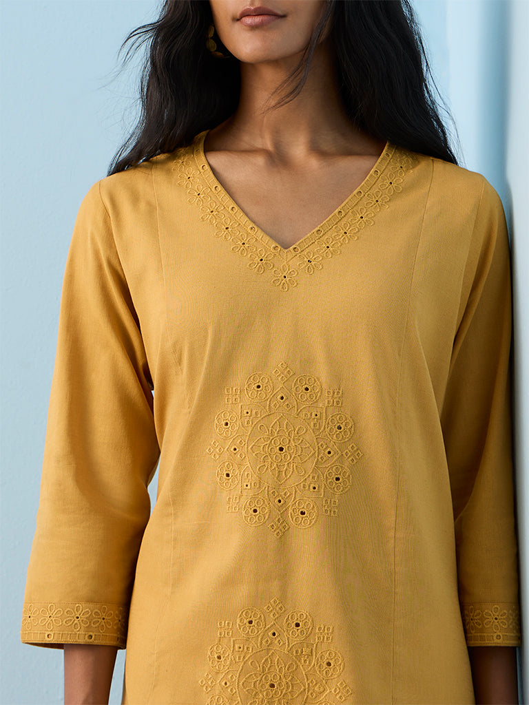 Utsa Mustard Floral Embroidered Cotton-Blend A-Line Kurta