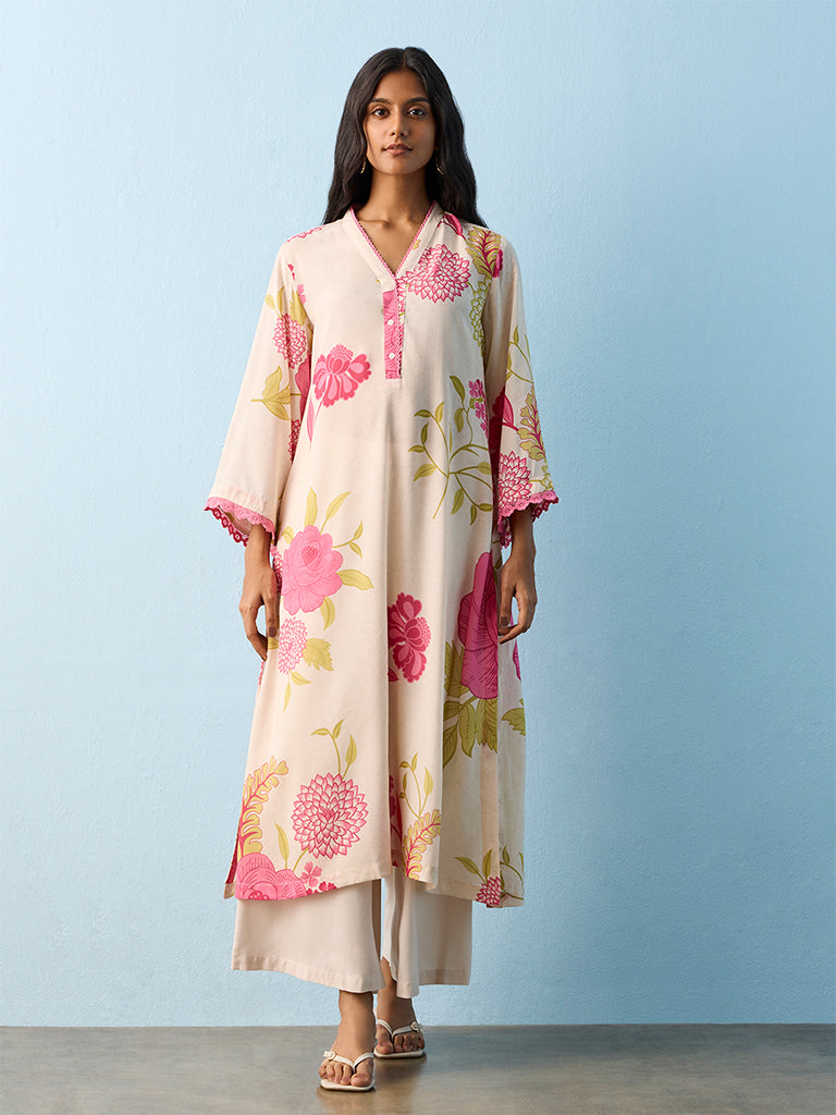 Utsa Off-White Floral Pattern A-Line Kurta
