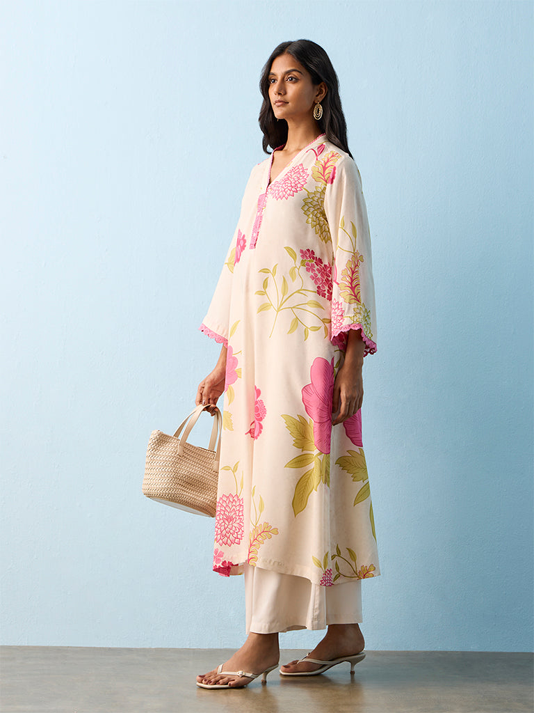 Utsa Off-White Floral Pattern A-Line Kurta