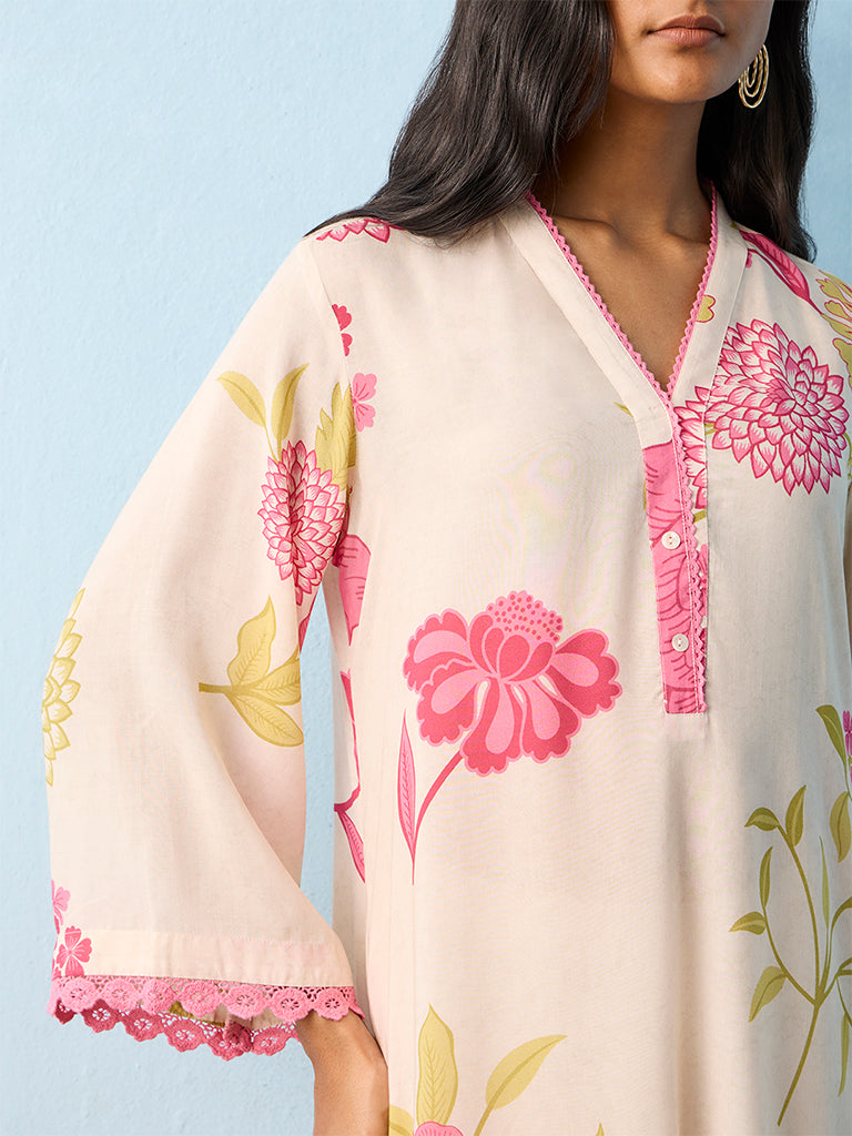 Utsa Off-White Floral Pattern A-Line Kurta