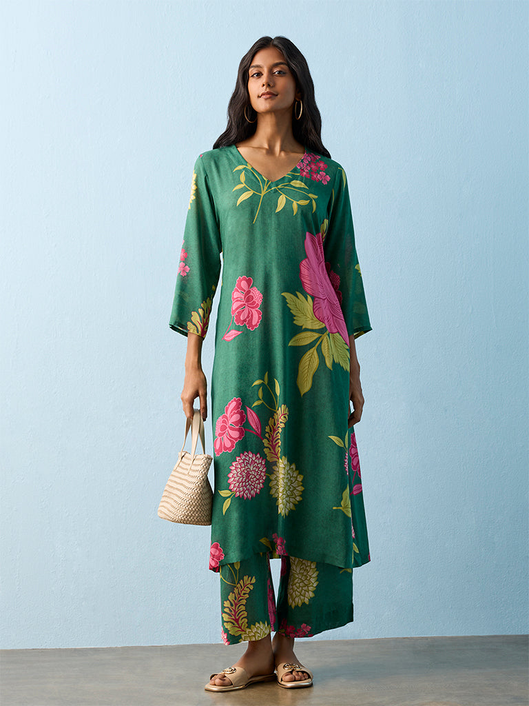 Utsa Green Floral Printed A-line Kurta