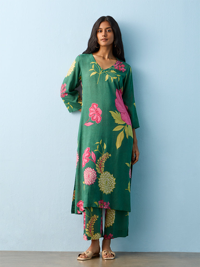 Utsa Green Floral Printed A-line Kurta