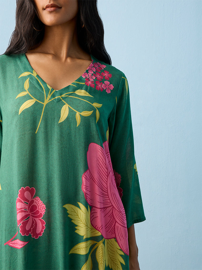 Utsa Green Floral Printed A-line Kurta
