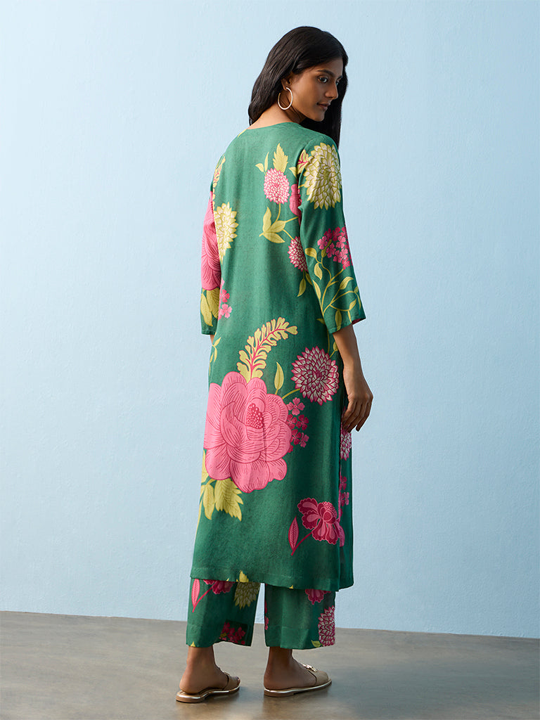 Utsa Green Floral Printed A-line Kurta