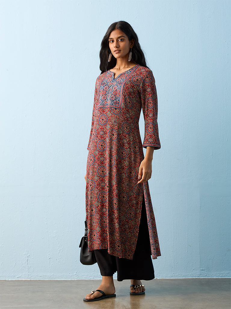 Utsa Maroon Printed A-Line Kurta