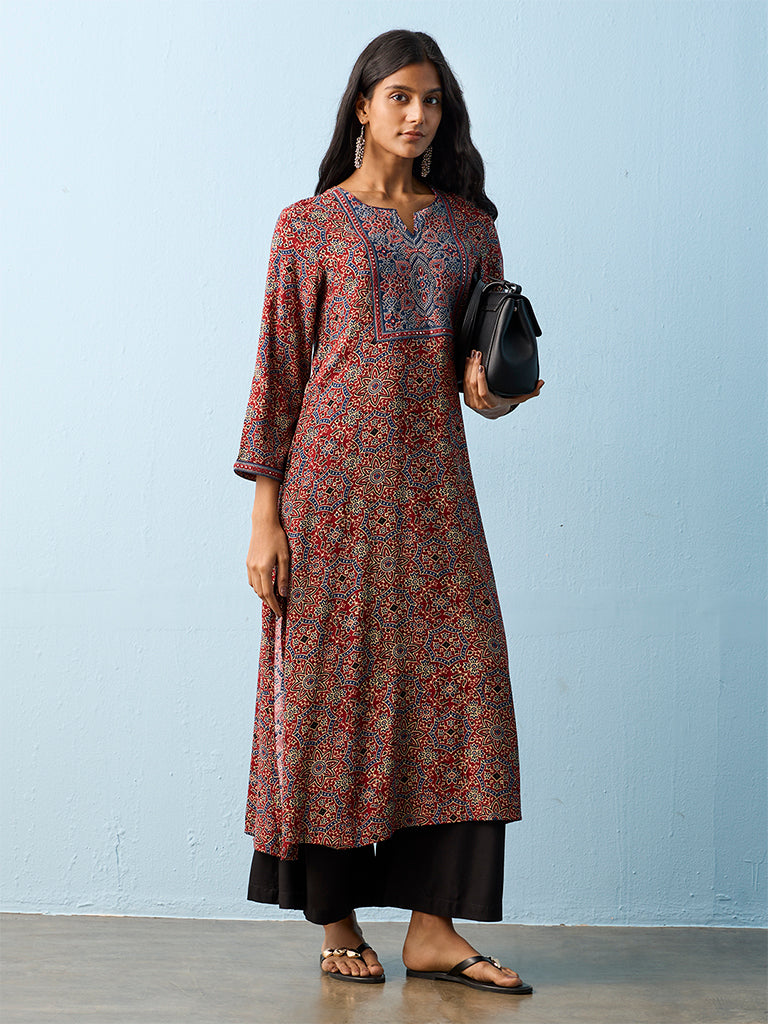 Utsa Maroon Printed A-Line Kurta
