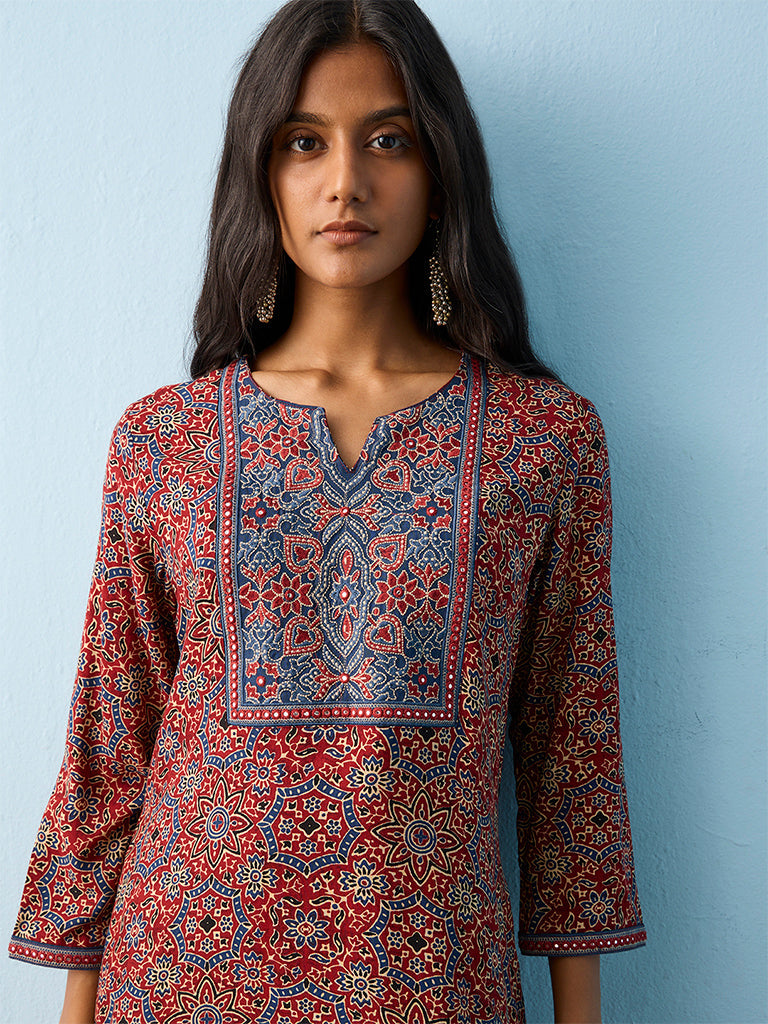 Utsa Maroon Printed A-Line Kurta