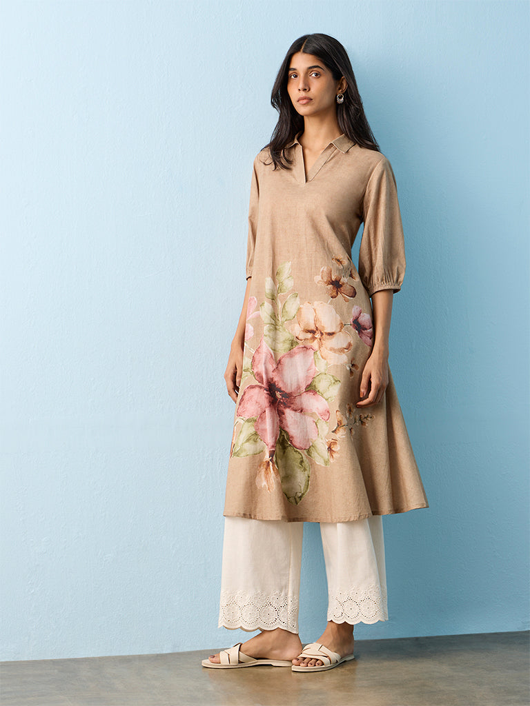 Utsa Taupe Floral Printed Cotton A-line Kurta